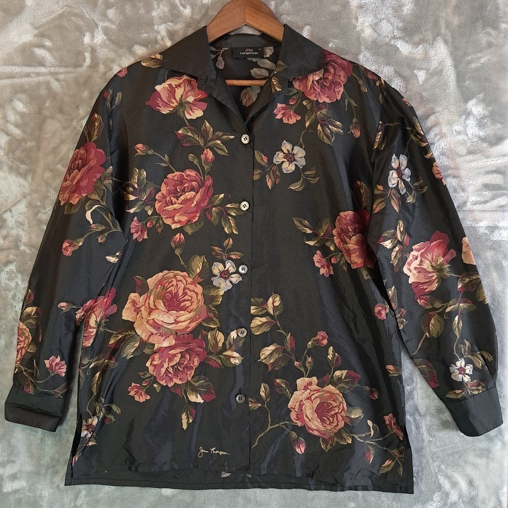 Jim Thompson Silk Floral Button Front Shirt Top Size 12 Signed